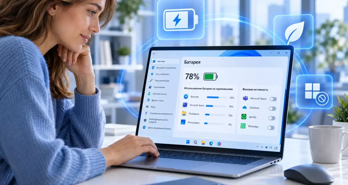 Как посмотреть расход батареи приложениями в Windows 11 и ограничить фоновые процессы