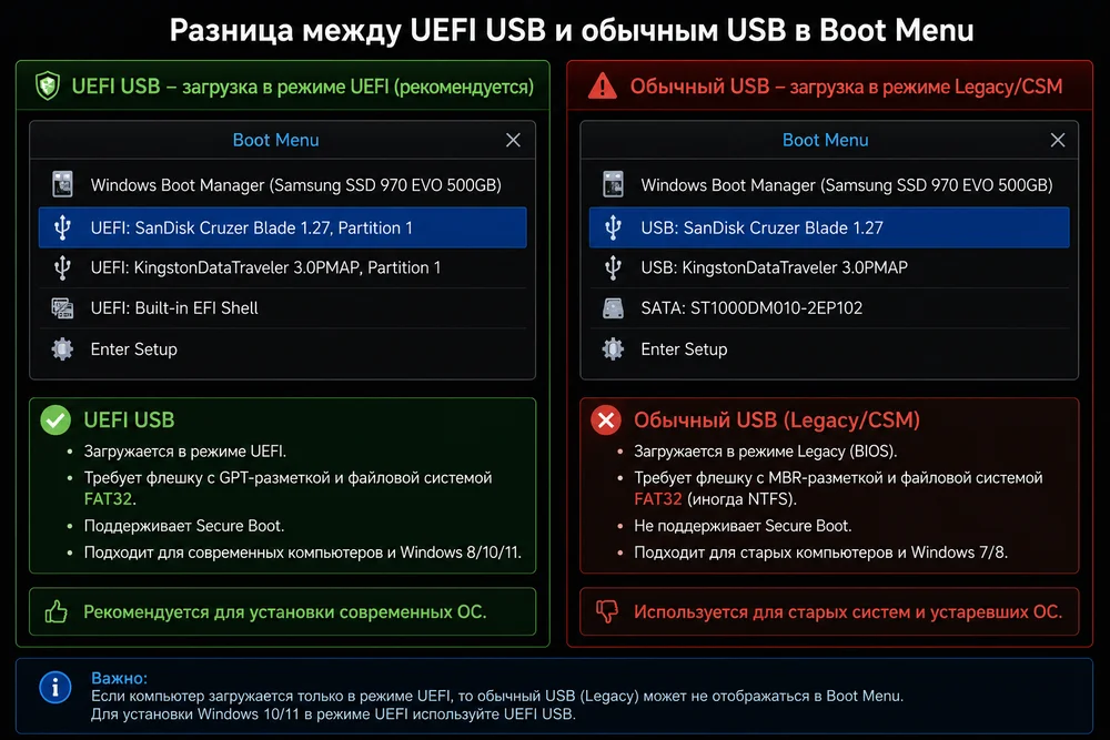 Разница между UEFI USB и обычным USB в Boot Menu