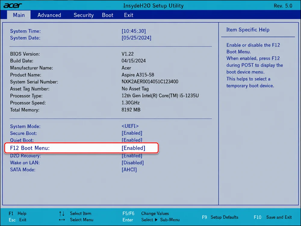 Acer BIOS включение F12 Boot Menu на вкладке Main