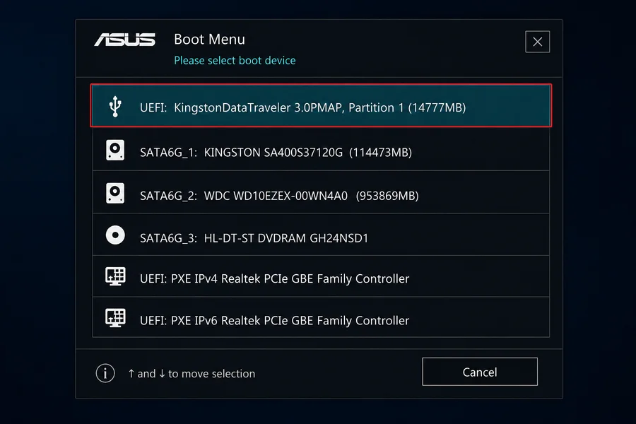 ASUS Boot Menu выбор UEFI флешки для установки Windows