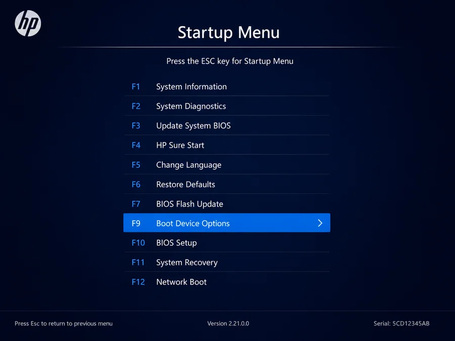 HP Startup Menu Esc и F9 Boot Device Options